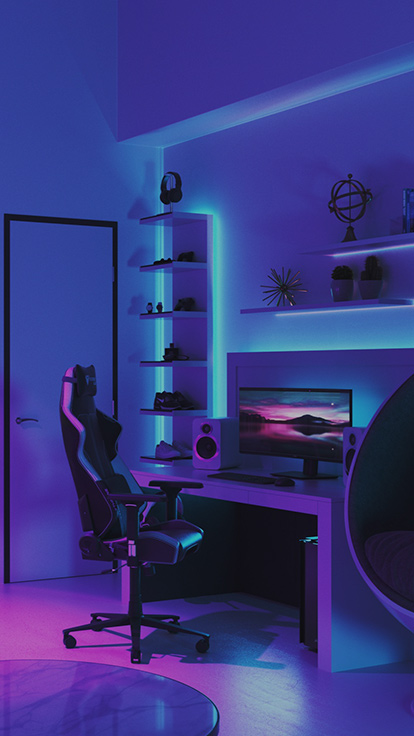 Questa è un’immagine delle strisce luminose Nanoleaf Essentials in una postazione da scrivania. Le strisce luminose colorate RGB offrono una piacevole retroilluminazione e un effetto luminoso che le rende perfette per il gaming e per creare l’atmosfera ideale nella stanza.
