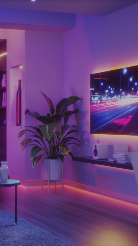 Questa è un’immagine delle strisce luminose Nanoleaf Essentials dietro la TV di un soggiorno. Le strisce luminose che cambiano colore offrono una piacevole retroilluminazione e un effetto luminoso RGB.