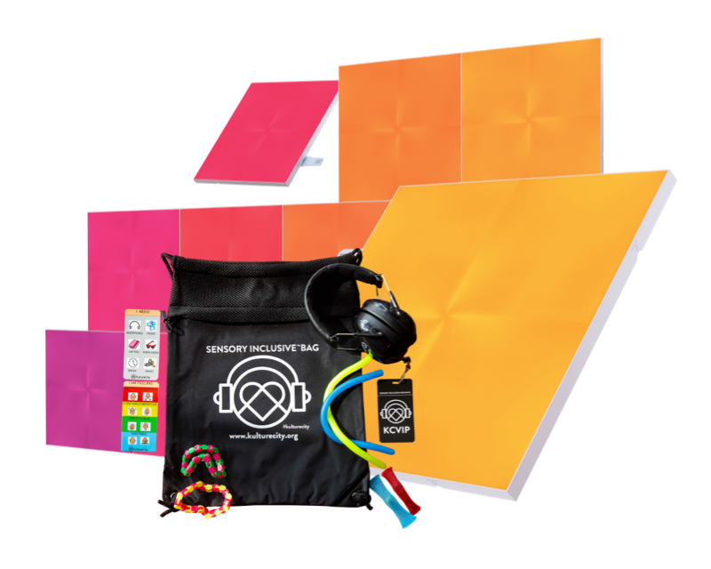 Questa è un’immagine dei quadrati luminosi Nanoleaf Canvas e della Sensory Inclusive Bag di KultureCity insieme per un concorso.