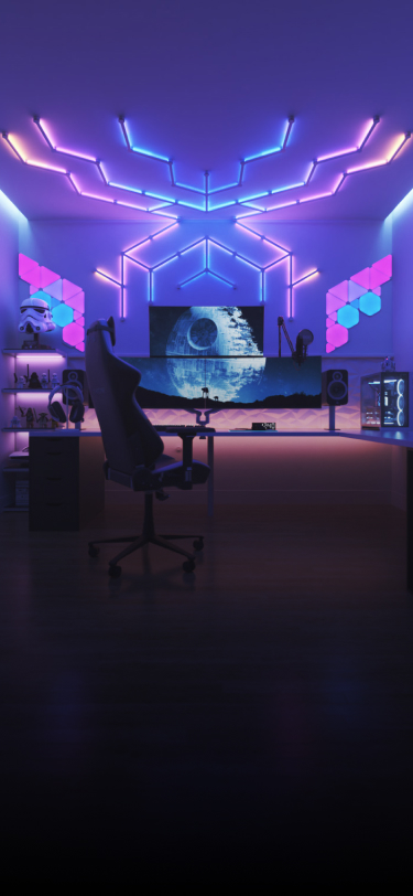 Futuristic gaming setup with Nanoleaf smart home lighting RGB smart lights above the PC monitor. Must have gaming lights for any gamer.