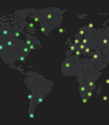 Weltkarte mit Standorten für smarte Nanoleaf-Beleuchtung in den jeweiligen Ländern auf der Welt.