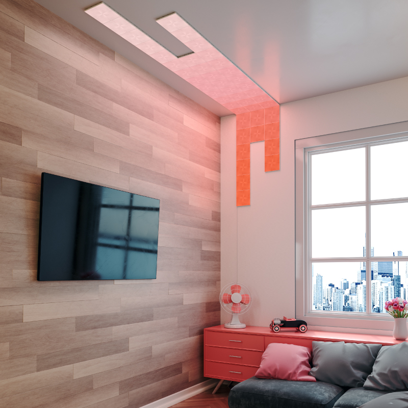 Pannelli luminosi quadrati smart modulari che cambiano colore Nanoleaf Canvas montati sul muro o sul soffitto, utilizzando un kit di montaggio a vite. Simile a Philips Hue, Lifx. HomeKit, Assistente Google, Alexa di Amazon, IFTTT.