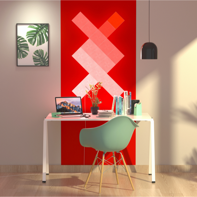 Pannelli luminosi quadrati smart modulari che cambiano colore Nanoleaf Canvas montati sul muro in un ufficio domestico. Simile a Philips Hue, Lifx. HomeKit, Google Assistant, Amazon Alexa, IFTTT. 