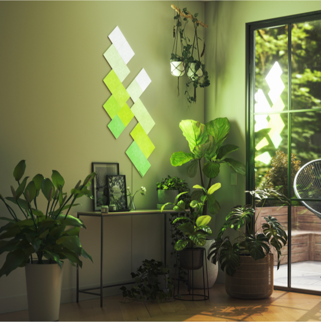 Pannelli luminosi quadrati smart modulari che cambiano colore Nanoleaf Canvas montati sul muro sopra le piante. Simile a Philips Hue, Lifx. HomeKit, Assistente Google, Alexa di Amazon, IFTTT.