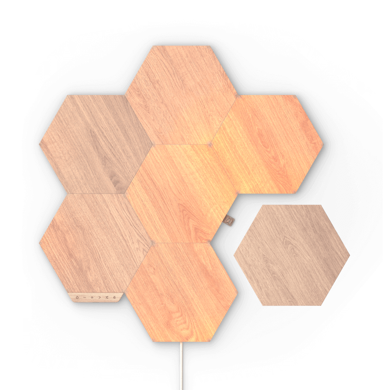 Nanoleaf Elements Hexagons in Holzoptik, Thread-kompatible, intelligente, modulare Lichtpanels. 7er Packung. Verfügt über Zubehör, wie Erweiterungs-Kits und flexible Verbindungsstücke. HomeKit, Google Assistant, Amazon Alexa, IFTTT. 