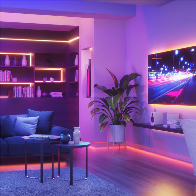 Bande lumineuse intelligente Nanoleaf Essentials à couleurs changeantes compatible Thread montée sur un mur dans une salle de séjour. Semblables à Twinkly et Wyze. HomeKit, Assistant Google, Amazon Alexa, IFTTT.
