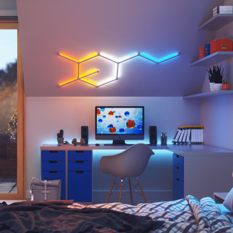 Nanoleaf Lines, Thread-kompatible, farbwechselnde, intelligente, modulare, hinterleuchtete Lichtleisten an einer Schlafzimmerwand. HomeKit, Google Assistant, Amazon Alexa, IFTTT. 