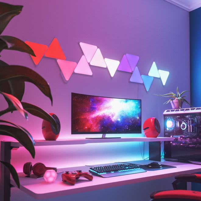 Distribución de la habitación y la oficina con las luces RGB Nanoleaf Lines instaladas sobre el escritorio y el monitor. Las luces de juego perfectas para tu puesto de combate: tu PC.