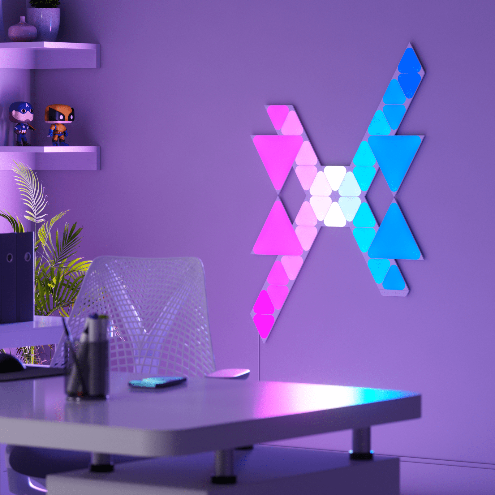Nanoleaf Shapes Thread enabled color changing triangle and mini triangle smart modular light panels.