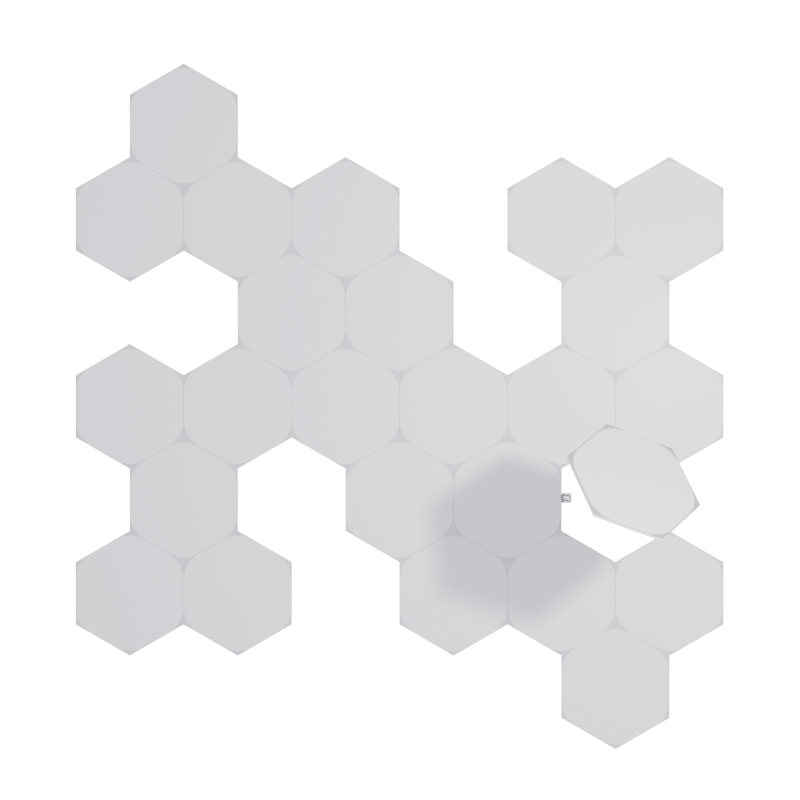 Panneaux lumineux modulaires intelligents hexagonaux à couleurs changeantes Nanoleaf Shapes compatibles Thread. Kit d’extension, paquet de 25. Semblables à Philips Hue, Lifx. HomeKit, Assistant Google, Amazon Alexa, IFTTT. 