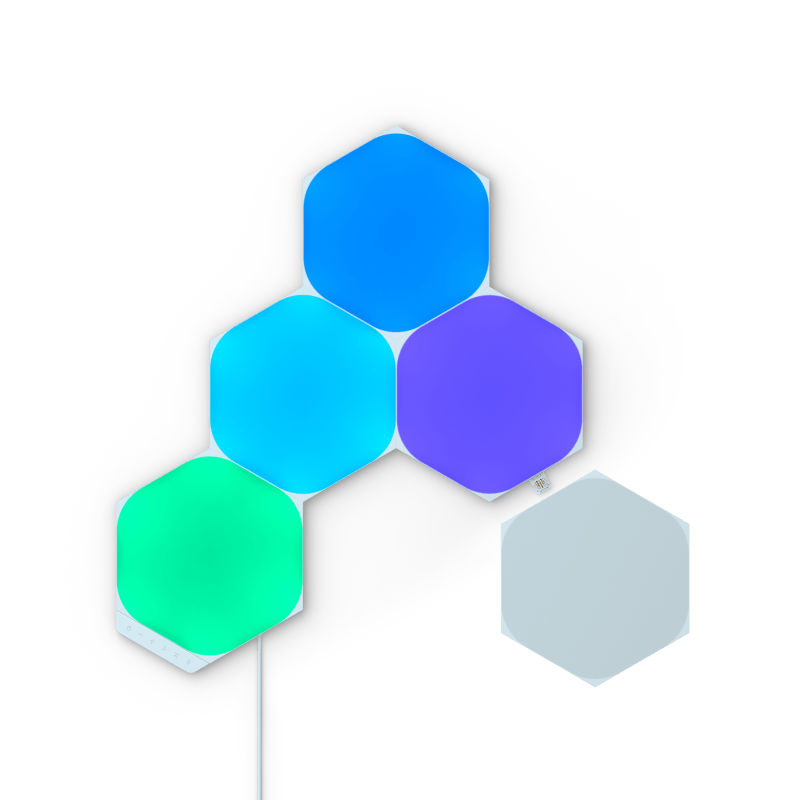 Panneaux lumineux modulaires intelligents hexagonaux à couleurs changeantes Nanoleaf Shapes compatibles Thread. Paquet de 5. Inclut des kits d’extension et des accessoires de connexion flexibles. Semblables à Philips Hue, Lifx. HomeKit, Assistant Google, Amazon Alexa, IFTTT. 