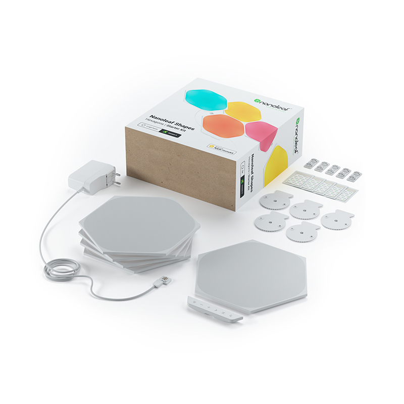 Nanoleaf Shapes Hexagons, Thread-kompatible, farbwechselnde, modulare, intelligente Lichtpanels. 5er Packung. Verfügt über Zubehör, wie Erweiterungs-Kits und flexible Verbindungsstücke. Ähnlich wie Philips Hue, Lifx. HomeKit, Google Assistant, Amazon Alexa, IFTTT. 