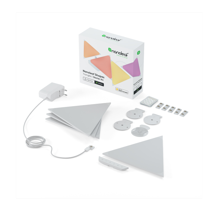 Nanoleaf Shapes Thread-enabled color-changing triangle smart modular light panels. 4 pack. Has expansion packs and flex linker accessories. Similar to Philips Hue, Lifx. HomeKit, Google Assistant, Amazon Alexa, IFTTT. 