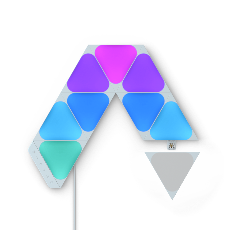 Product image of Nanoleaf Shapes Mini Triangles smart light panels mounted on a wall. There are 9 LED light panels and the RGB lights can display over 16 million colors.