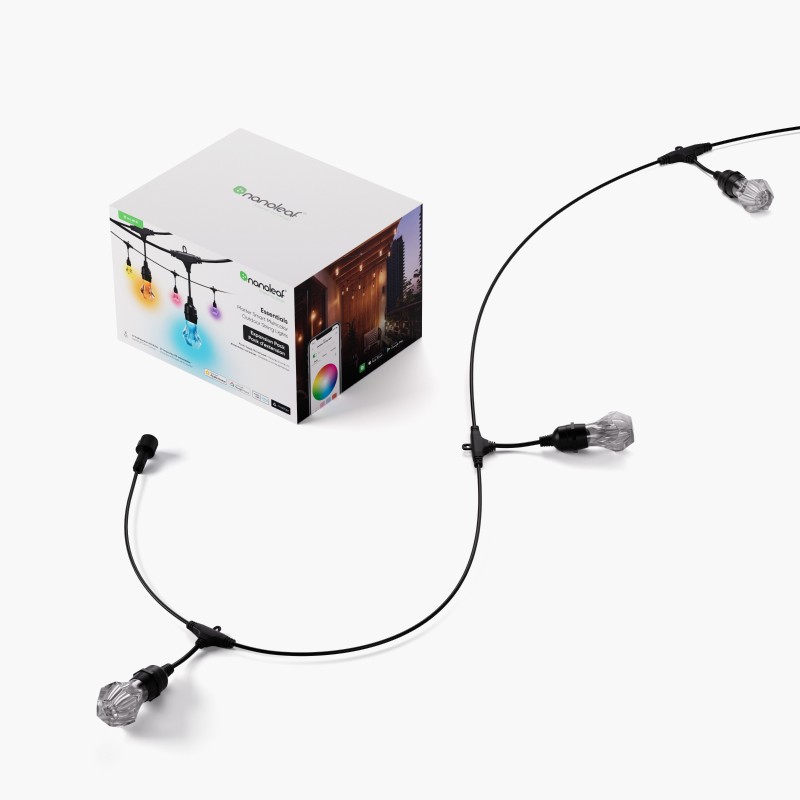 Nanoleaf Smart Multicolored Outdoor String Lights product box with a white background. Beside it, the product is partially displayed, featuring a black cord, two LED bulbs, the outdoor string lights controller, and the power supply unit.