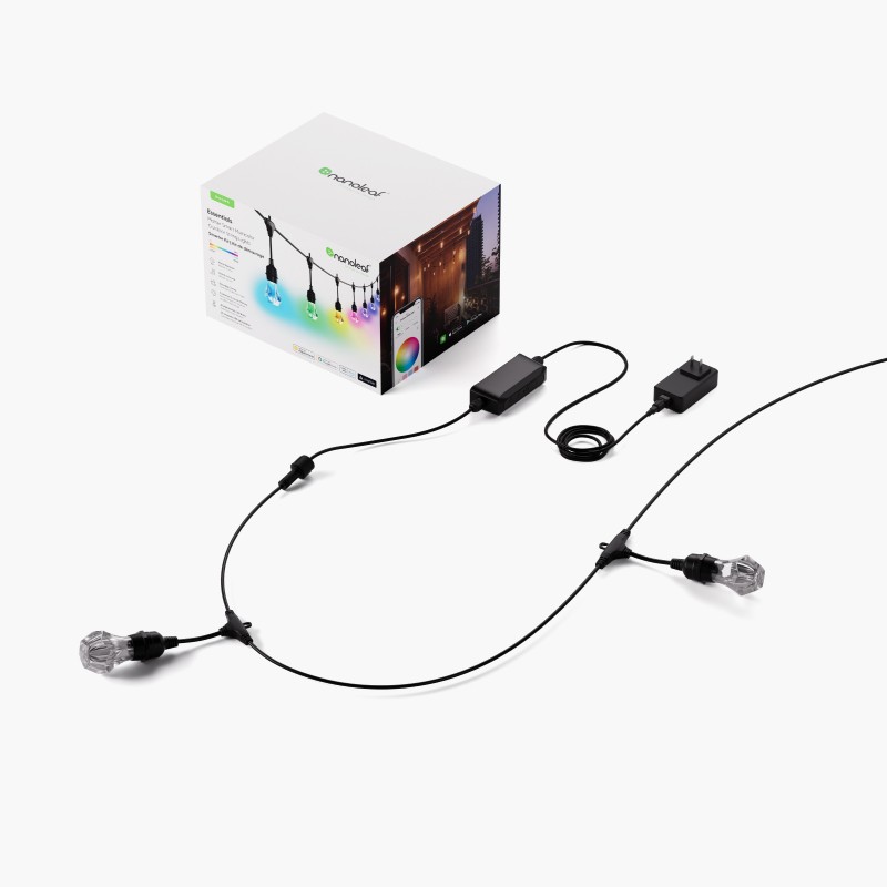 Nanoleaf Smart Multicolored Outdoor String Lights product box with a white background. Beside it, the product is partially displayed, featuring a black cord, two LED bulbs, the outdoor string lights controller, and the power supply unit.